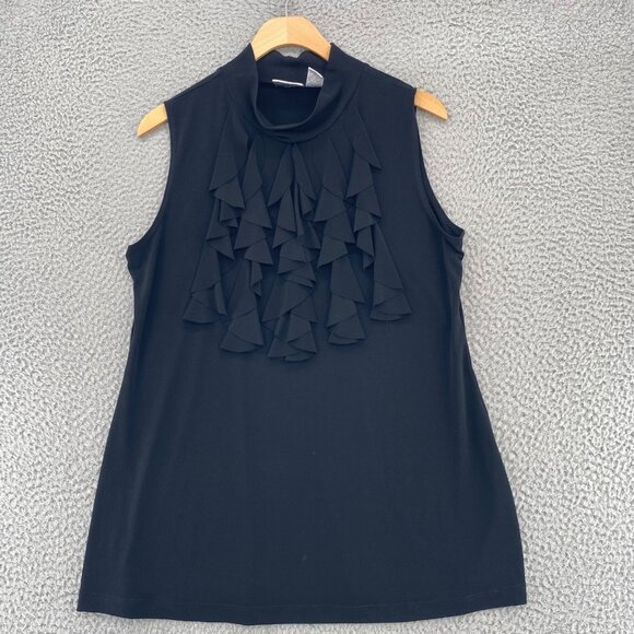 Chicos Top Womens 2 US Large Black Mock Neck Sleeveless Ruffled Front Stretch - Picture 1 of 9